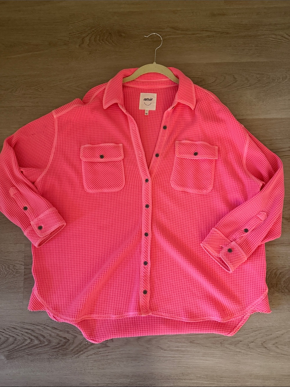 aerie Neon Pink Waffle Button-Up Shirt
